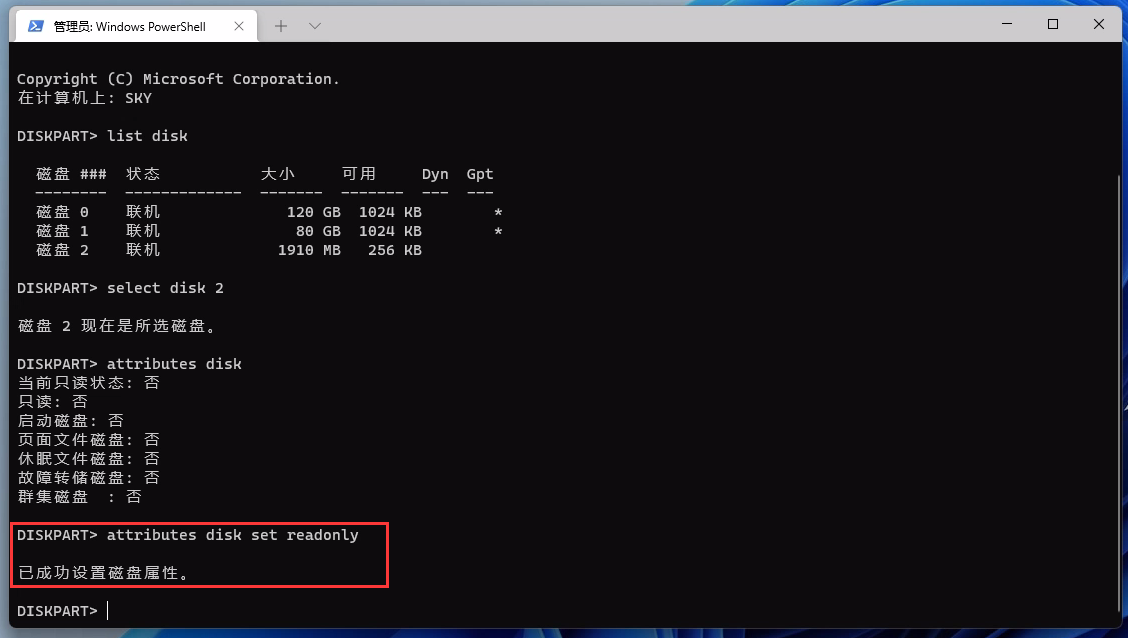 attributes disk set readonly attributes disk set readonly